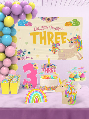 Unicorn Temalı 3 Yaş Doğum Günü Süsü Parti Seti - Maxi