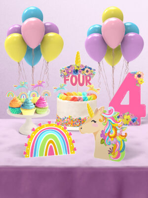 Unicorn Temalı 4 Yaş Doğum Günü Süsü Parti Seti - Mini