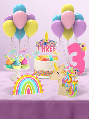 Unicorn Temalı 3 Yaş Doğum Günü Süsü Parti Seti - Mini