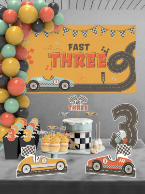 Retro Araba Temalı Fast Three 3 Yaş Doğum Günü Süsü Parti Seti - Maxi