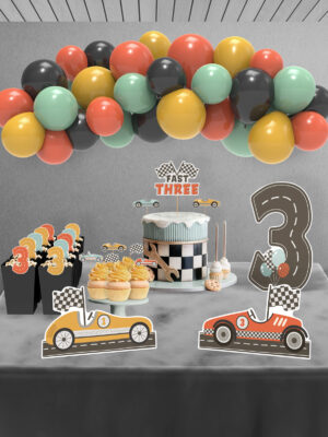Retro Araba Temalı Fast Three 3 Yaş Doğum Günü Süsü Parti Seti - Midi