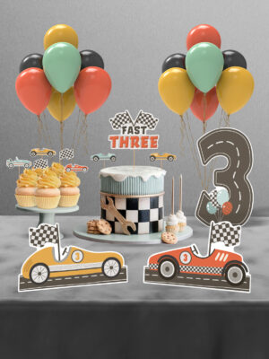 Retro Araba Temalı Fast Three 3 Yaş Doğum Günü Süsü Parti Seti - Mini