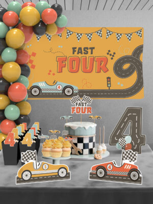 Retro Araba Temalı Fast Four 4 Yaş Doğum Günü Süsü Parti Seti - Maxi