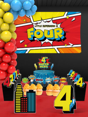 Süper Kahraman Temalı 4 Yaş Doğum Günü Süsü Parti Seti (Spiderman, Batman, Superman Uyumlu) - Maxi