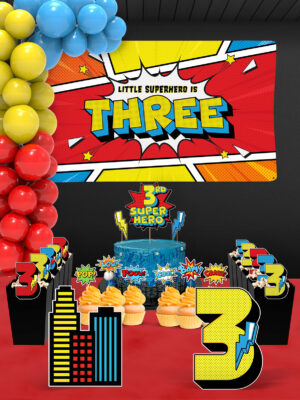 Süper Kahraman Temalı 3 Yaş Doğum Günü Süsü Parti Seti (Spiderman, Batman, Superman Uyumlu) - Maxi