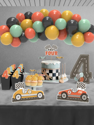 Retro Araba Temalı Fast Four 4 Yaş Doğum Günü Süsü Parti Seti - Midi