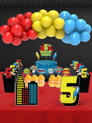 Süper Kahraman Temalı 5 Yaş Doğum Günü Süsü Parti Seti (Spiderman, Batman, Superman Uyumlu) - Midi