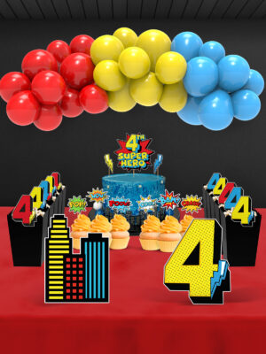 Süper Kahraman Temalı 4 Yaş Doğum Günü Süsü Parti Seti (Spiderman, Batman, Superman Uyumlu) - Midi