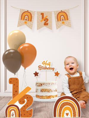 Boho Natural Gökkuşağı Temalı Yarım Yaş 6 Aylık Doğum Günü Süsü Parti Seti
